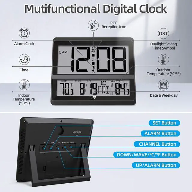 Alt view image 2 of 7 - Atomic Clock Large Display, Digital Wall Clock with Indoor Outdoor Temperature and Date, Wireless Outdoor Sensor, Digital Desk Alarm Clock Battery Operated for Bedroom, Easy to Read, Black
