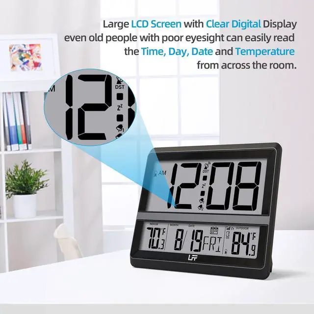 Alt view image 4 of 7 - Atomic Clock Large Display, Digital Wall Clock with Indoor Outdoor Temperature and Date, Wireless Outdoor Sensor, Digital Desk Alarm Clock Battery Operated for Bedroom, Easy to Read, Black