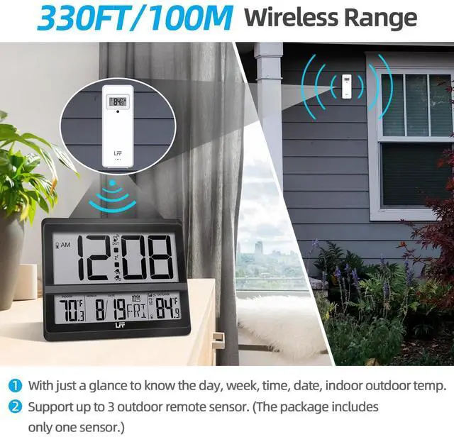 Alt view image 5 of 7 - Atomic Clock Large Display, Digital Wall Clock with Indoor Outdoor Temperature and Date, Wireless Outdoor Sensor, Digital Desk Alarm Clock Battery Operated for Bedroom, Easy to Read, Black