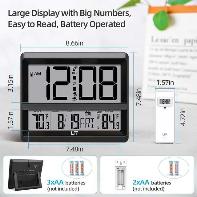 Alt view image 3 of 7 - Atomic Clock Large Display, Digital Wall Clock with Indoor Outdoor Temperature and Date, Wireless Outdoor Sensor, Digital Desk Alarm Clock Battery Operated for Bedroom, Easy to Read, Black