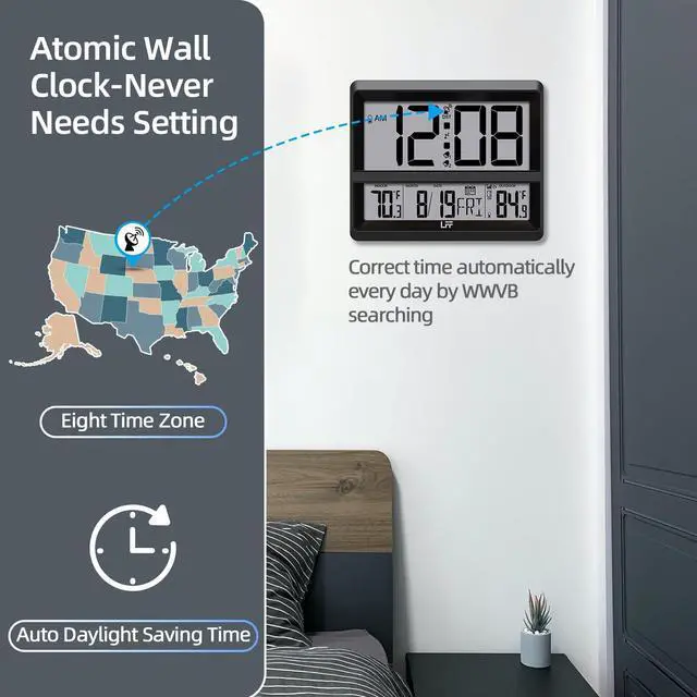 Alt view image 6 of 7 - Atomic Clock Large Display, Digital Wall Clock with Indoor Outdoor Temperature and Date, Wireless Outdoor Sensor, Digital Desk Alarm Clock Battery Operated for Bedroom, Easy to Read, Black