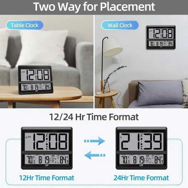 Alt view image 7 of 7 - Atomic Clock Large Display, Digital Wall Clock with Indoor Outdoor Temperature and Date, Wireless Outdoor Sensor, Digital Desk Alarm Clock Battery Operated for Bedroom, Easy to Read, Black