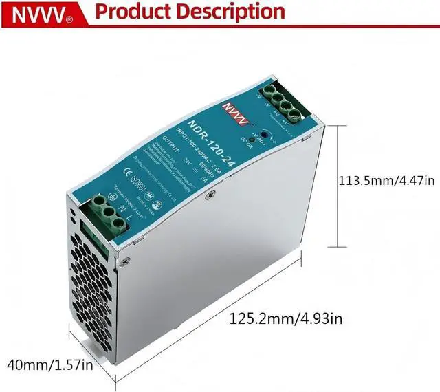 Alt view image 4 of 7 - 24Vdc 5Amp DIN-Rail Power Supply NDR 120W, Input:100-240VAC,Output:24VDC,Power Supply Switch Switching Converter DC