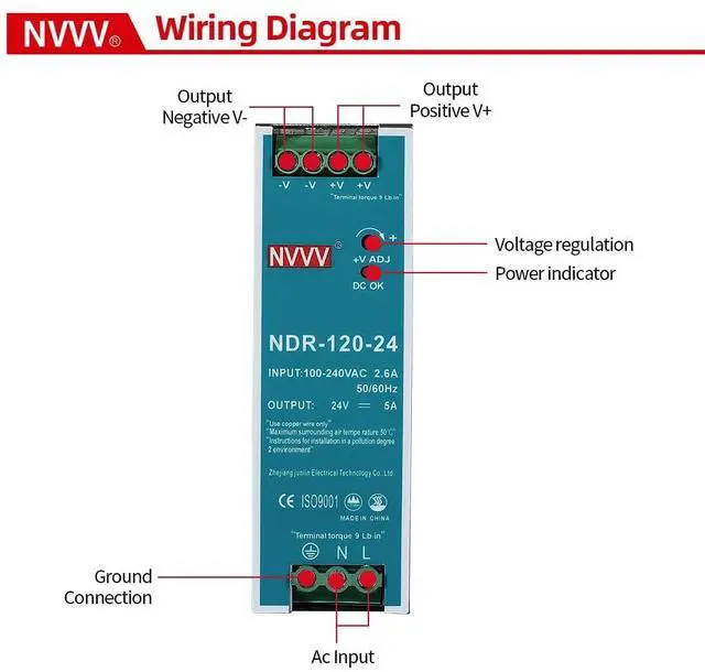 Alt view image 5 of 7 - 24Vdc 5Amp DIN-Rail Power Supply NDR 120W, Input:100-240VAC,Output:24VDC,Power Supply Switch Switching Converter DC