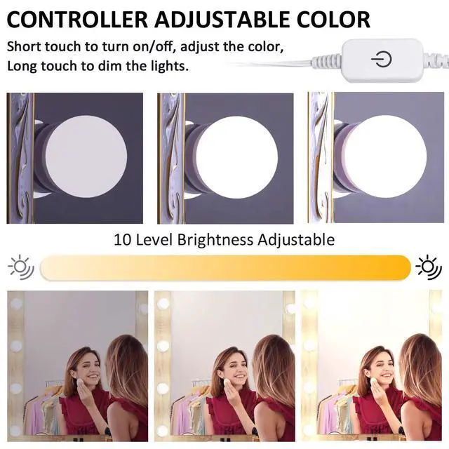 Alt view image 4 of 6 - LED Makeup Vanity Lights with 14 Dimmable Light Bulbs, Hollywood Style Cosmetic Mirror Lights, USB Cable, 3 Color Modes for Dressing Room Tabletop Bedroom