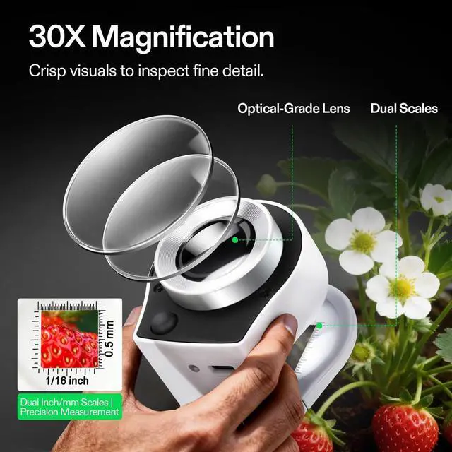 Alt view image 4 of 7 - 30X Rechargeable Loupe, Portable Mini Magnifier, Desktop Magnifying Glass with 3 LED & 3 UV Lights, for Jewelry, Gems, Watches, Coins, Stamps, White