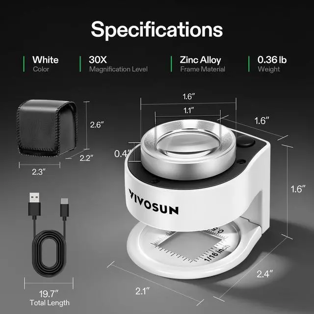Alt view image 2 of 7 - 30X Rechargeable Loupe, Portable Mini Magnifier, Desktop Magnifying Glass with 3 LED & 3 UV Lights, for Jewelry, Gems, Watches, Coins, Stamps, White