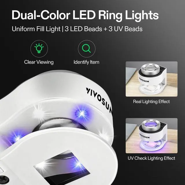 Alt view image 3 of 7 - 30X Rechargeable Loupe, Portable Mini Magnifier, Desktop Magnifying Glass with 3 LED & 3 UV Lights, for Jewelry, Gems, Watches, Coins, Stamps, White