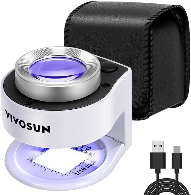 Main image of 30X Rechargeable Loupe, Portable Mini Magnifier, Desktop Magnifying Glass with 3 LED & 3 UV Lights, for Jewelry, Gems, Watches, Coins, Stamps, White