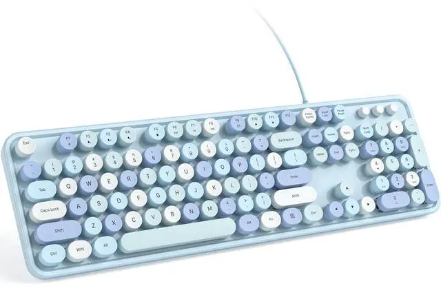 Main image of Wired Computer Keyboard - Blue Colorful Retro Full Size Round Keycaps Plug and Play Typewriter Cute Keyboards for Windows, Laptop, PC, Desktop, Computer
