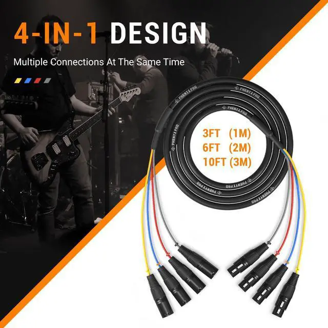 Alt view image 2 of 6 - 4-Channel XLR Snake Cable, Color-Coded XLR Male to Female Patch Wire w/OFC Copper, 3 Ft Splitter Cable, Balanced Microphone Cable for DJ Mixers, IEM & Mic Systems (PCBL-4IN1-3)