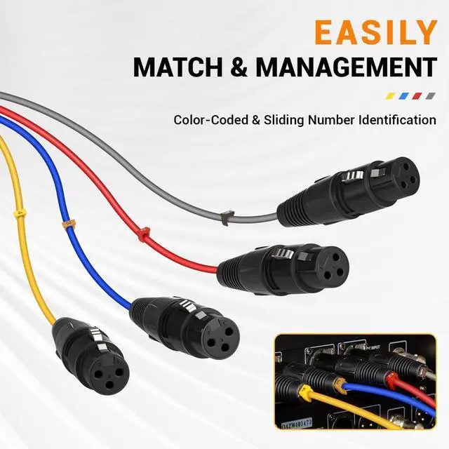 Alt view image 4 of 6 - 4-Channel XLR Snake Cable, Color-Coded XLR Male to Female Patch Wire w/OFC Copper, 3 Ft Splitter Cable, Balanced Microphone Cable for DJ Mixers, IEM & Mic Systems (PCBL-4IN1-3)