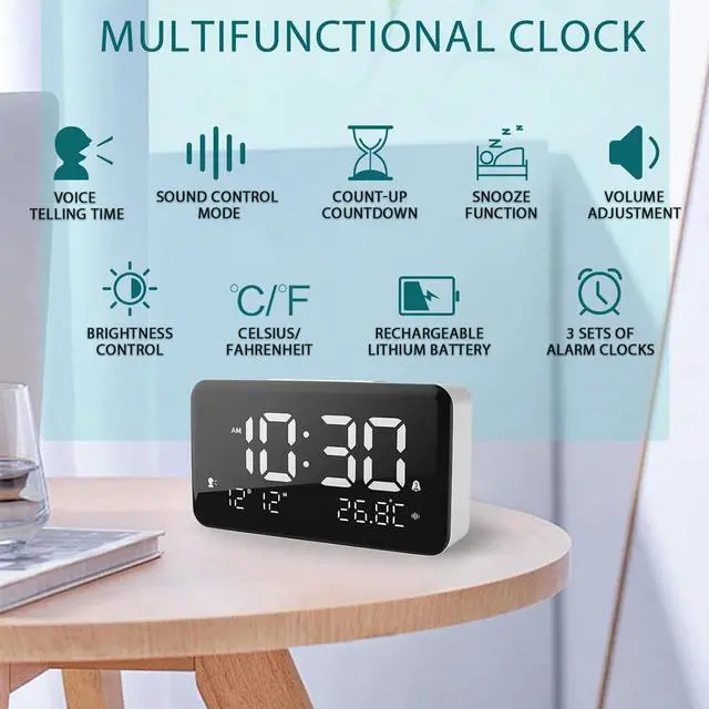 Alt view image 3 of 7 - Talking Alarm Clock and Countdown Timer, Hourly Chime for Visually Impaired Elderly Seniors Blind, Battery Operated, Snooze, Temperature, Vibration, Rechargeable, 99 Minutes Led Count down Timing