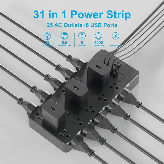 Alt view image 4 of 7 - Heavy Duty Surge Protector Power Strip,1875W/15A,6 USB Ports,25 AC Outlets,4000J Surge Protection,6.5ft 14AWG Extension Cord,Flat Plug,Mountable,ETL Listed