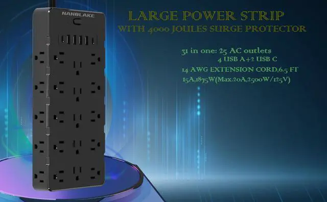 Alt view image 5 of 7 - Heavy Duty Surge Protector Power Strip,1875W/15A,6 USB Ports,25 AC Outlets,4000J Surge Protection,6.5ft 14AWG Extension Cord,Flat Plug,Mountable,ETL Listed