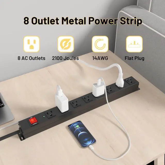 Alt view image 4 of 6 - 8 Outlet Heavy Duty Power Strip Surge Protector, 2100J Surge Protection Power Strip, 15A/1875W Mountable Power Strips with Upgraded Switch, 14AWG 12FT Power Cord