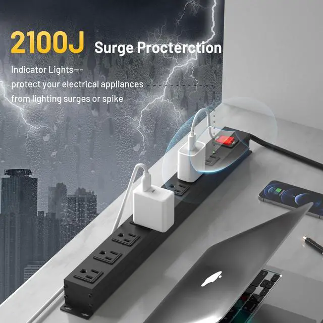 Alt view image 3 of 6 - 8 Outlet Heavy Duty Power Strip Surge Protector, 2100J Surge Protection Power Strip, 15A/1875W Mountable Power Strips with Upgraded Switch, 14AWG 12FT Power Cord