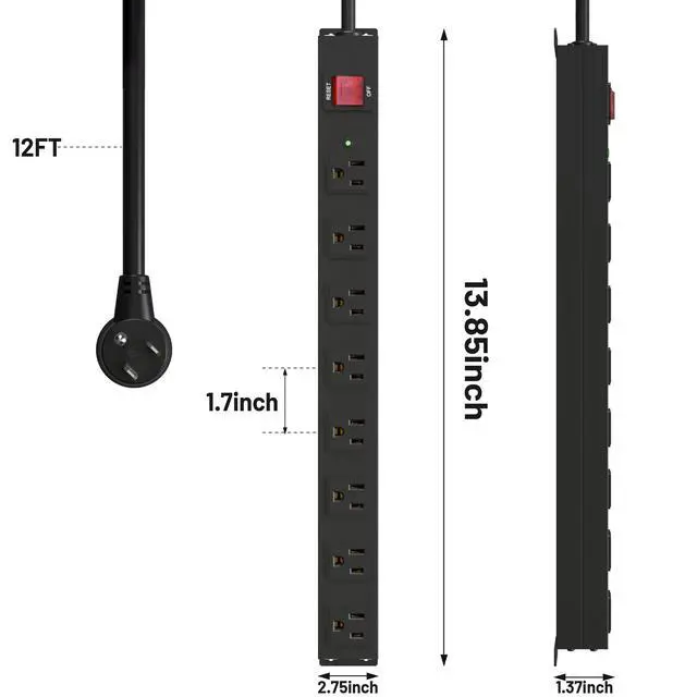 Alt view image 5 of 6 - 8 Outlet Heavy Duty Power Strip Surge Protector, 2100J Surge Protection Power Strip, 15A/1875W Mountable Power Strips with Upgraded Switch, 14AWG 12FT Power Cord