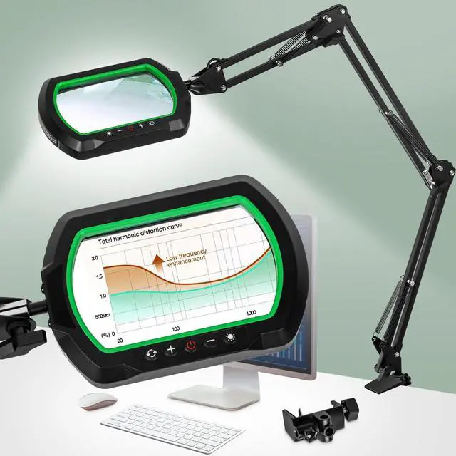 Main image of 12X Ultra Long 3-Section Swing Arm Lighted Magnifying Glass, NUEYiO 5.3* 3.2" Rectangle Large Magnifier Lamp with Stand, 5 Color Mode, 4-way Metal Clip on Workbench Light for Reading Hobby Craft-Green