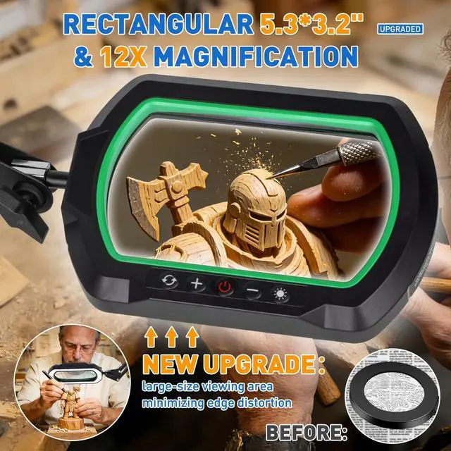 Alt view image 2 of 7 - 12X Ultra Long 3-Section Swing Arm Lighted Magnifying Glass, NUEYiO 5.3* 3.2" Rectangle Large Magnifier Lamp with Stand, 5 Color Mode, 4-way Metal Clip on Workbench Light for Reading Hobby Craft-Green