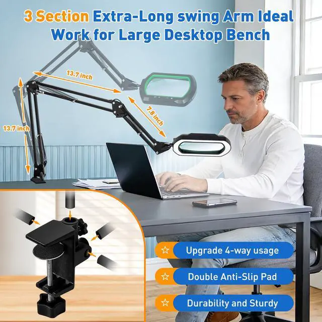 Alt view image 3 of 7 - 12X Ultra Long 3-Section Swing Arm Lighted Magnifying Glass, NUEYiO 5.3* 3.2" Rectangle Large Magnifier Lamp with Stand, 5 Color Mode, 4-way Metal Clip on Workbench Light for Reading Hobby Craft-Green