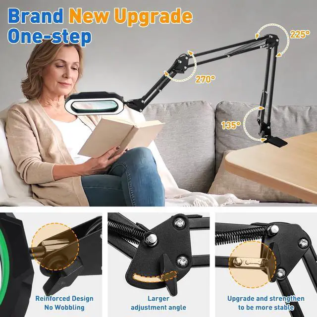 Alt view image 4 of 7 - 12X Ultra Long 3-Section Swing Arm Lighted Magnifying Glass, NUEYiO 5.3* 3.2" Rectangle Large Magnifier Lamp with Stand, 5 Color Mode, 4-way Metal Clip on Workbench Light for Reading Hobby Craft-Green