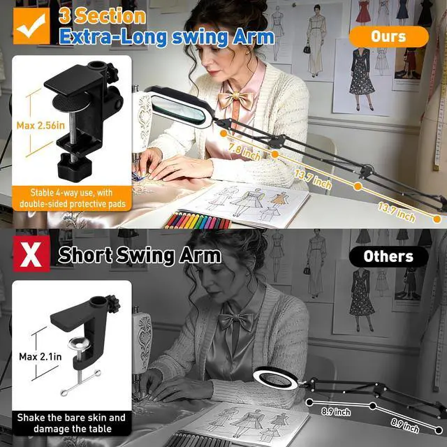 Alt view image 7 of 7 - 12X Ultra Long 3-Section Swing Arm Lighted Magnifying Glass, NUEYiO 5.3* 3.2" Rectangle Large Magnifier Lamp with Stand, 5 Color Mode, 4-way Metal Clip on Workbench Light for Reading Hobby Craft-Green
