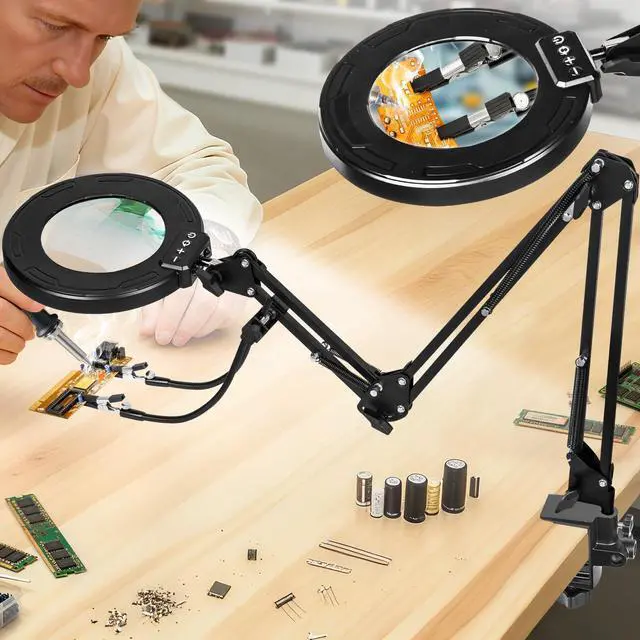 Main image of 12X Magnifying Glass with Light and Stand, Ultra Long 3-Section Swing Arm, 5 Colors Helping Hands Magnifying Lamp, 4-Way Large Metal Clamp LED Lighted Magnifier Lamp for Craft Workbench Repair
