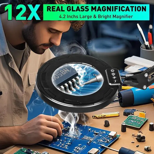 Alt view image 2 of 5 - 12X Magnifying Glass with Light and Stand, Ultra Long 3-Section Swing Arm, 5 Colors Helping Hands Magnifying Lamp, 4-Way Large Metal Clamp LED Lighted Magnifier Lamp for Craft Workbench Repair