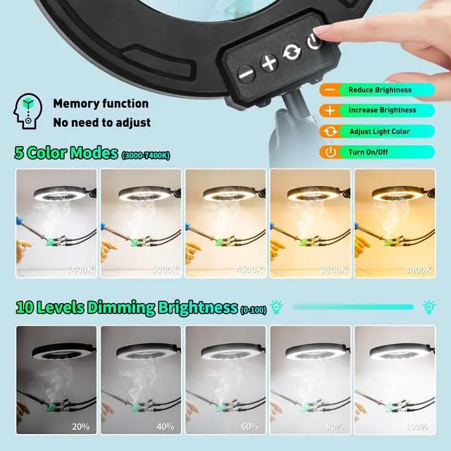 Alt view image 3 of 5 - 12X Magnifying Glass with Light and Stand, Ultra Long 3-Section Swing Arm, 5 Colors Helping Hands Magnifying Lamp, 4-Way Large Metal Clamp LED Lighted Magnifier Lamp for Craft Workbench Repair