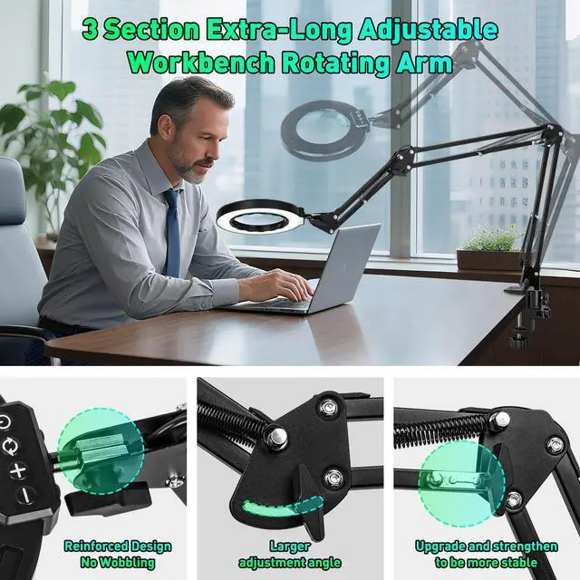 Alt view image 5 of 5 - 12X Magnifying Glass with Light and Stand, Ultra Long 3-Section Swing Arm, 5 Colors Helping Hands Magnifying Lamp, 4-Way Large Metal Clamp LED Lighted Magnifier Lamp for Craft Workbench Repair