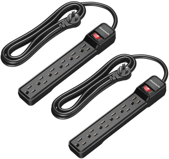 Main image of 2-Pack 10FT Power Strip Surge Protector, 6-Outlet Strip with Low Profile Flat Plug, 15 Amp Circuit Breaker, 500 Joules, Wall Mount, Black, UL Listed