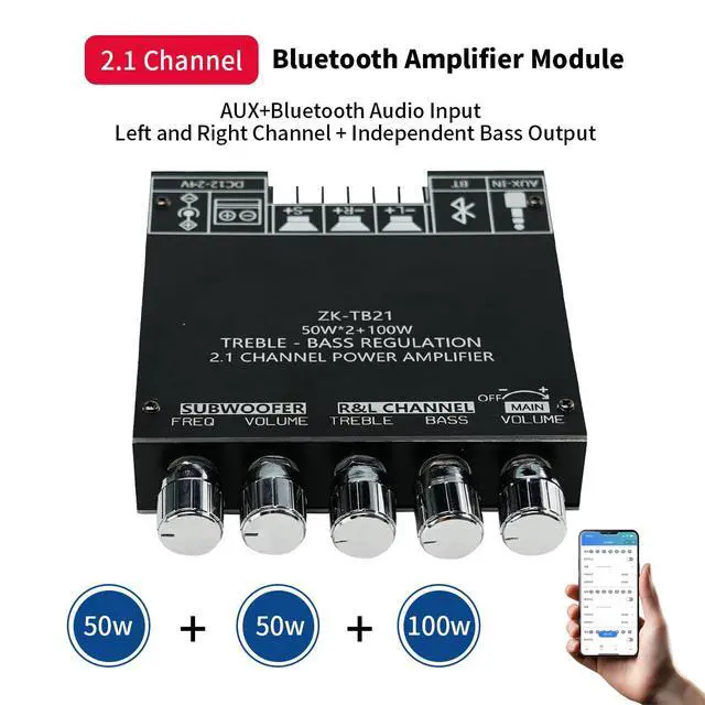 Alt view image 2 of 7 - Bluetooth Audio Amplifier Board, 2.1CH 50W x 2 +100W Subwoofer Power Amp with Treble and Bass Control,JR-TB21 Bluetooth5.0 and AUX Inputs, Stereo Digital AMP Module for DIY Home Speakers.