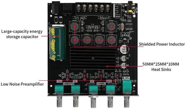 Alt view image 4 of 7 - Bluetooth Audio Amplifier Board, 2.1CH 50W x 2 +100W Subwoofer Power Amp with Treble and Bass Control,JR-TB21 Bluetooth5.0 and AUX Inputs, Stereo Digital AMP Module for DIY Home Speakers.