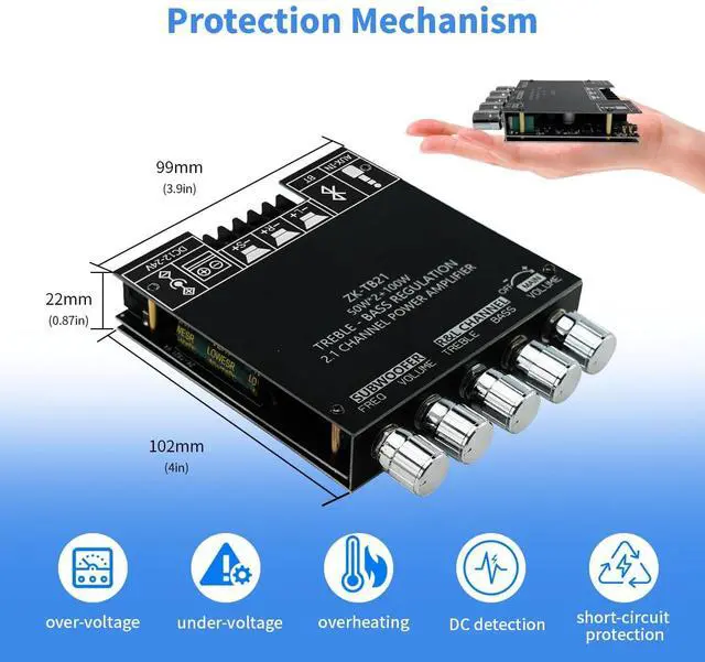 Alt view image 6 of 7 - Bluetooth Audio Amplifier Board, 2.1CH 50W x 2 +100W Subwoofer Power Amp with Treble and Bass Control,JR-TB21 Bluetooth5.0 and AUX Inputs, Stereo Digital AMP Module for DIY Home Speakers.