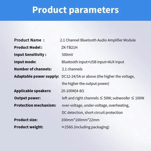 Alt view image 7 of 7 - Bluetooth Audio Amplifier Board, 2.1CH 50W x 2 +100W Subwoofer Power Amp with Treble and Bass Control,JR-TB21 Bluetooth5.0 and AUX Inputs, Stereo Digital AMP Module for DIY Home Speakers.