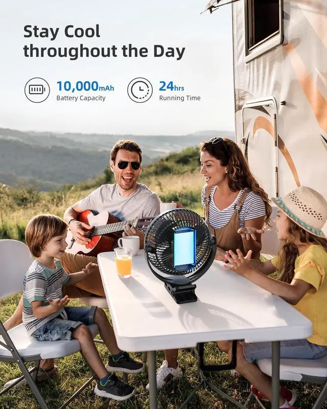 Alt view image 3 of 7 - 10000mAh Clip on Fan Rechargeable, 8-Inch Battery Operated Desk Fan, USB Fan, 4 Speeds, Strong Airflow, Sturdy Clamp for Golf Cart Office Desk Outdoor Travel Camping Tent Gym Treadmill,Black