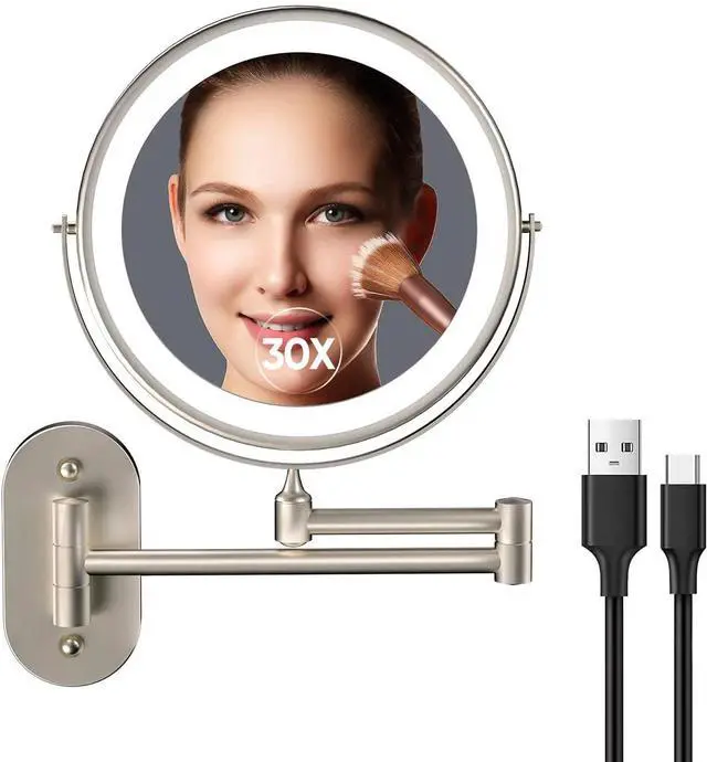 Main image of 5000mAh Rechargeable Wall Mounted Lighted Makeup Vanity Mirror, Double Sided 1X 30X Magnifying Bathroom Mirror, 3 Color Lighting, Touch Screen Dimming, Extended Arm 360 Rotation Shaving Mirror