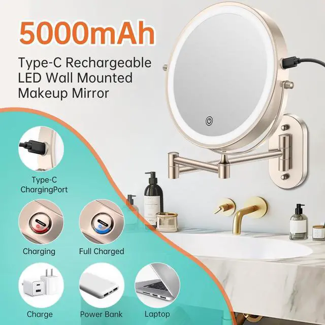 Alt view image 2 of 7 - 5000mAh Rechargeable Wall Mounted Lighted Makeup Vanity Mirror, Double Sided 1X 30X Magnifying Bathroom Mirror, 3 Color Lighting, Touch Screen Dimming, Extended Arm 360 Rotation Shaving Mirror