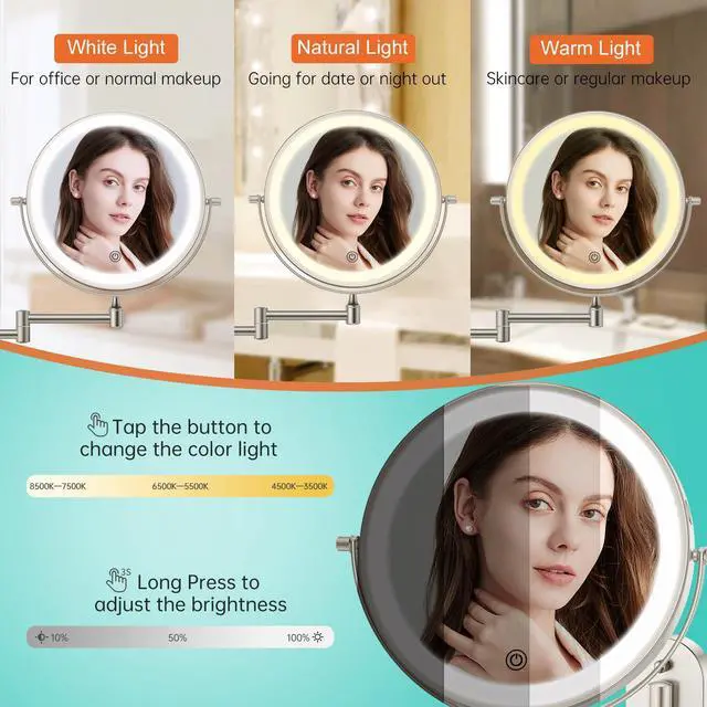 Alt view image 3 of 7 - 5000mAh Rechargeable Wall Mounted Lighted Makeup Vanity Mirror, Double Sided 1X 30X Magnifying Bathroom Mirror, 3 Color Lighting, Touch Screen Dimming, Extended Arm 360 Rotation Shaving Mirror