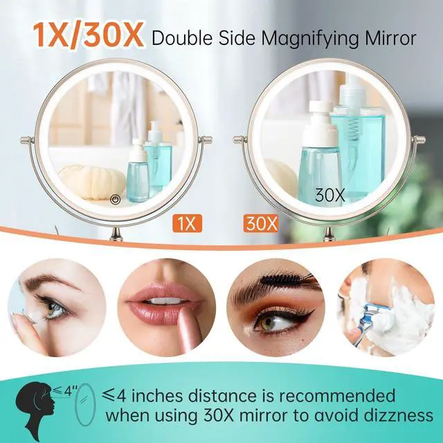Alt view image 4 of 7 - 5000mAh Rechargeable Wall Mounted Lighted Makeup Vanity Mirror, Double Sided 1X 30X Magnifying Bathroom Mirror, 3 Color Lighting, Touch Screen Dimming, Extended Arm 360 Rotation Shaving Mirror