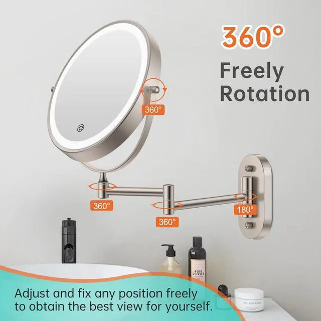 Alt view image 6 of 7 - 5000mAh Rechargeable Wall Mounted Lighted Makeup Vanity Mirror, Double Sided 1X 30X Magnifying Bathroom Mirror, 3 Color Lighting, Touch Screen Dimming, Extended Arm 360 Rotation Shaving Mirror