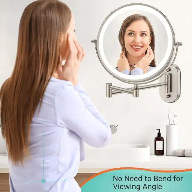 Alt view image 7 of 7 - 5000mAh Rechargeable Wall Mounted Lighted Makeup Vanity Mirror, Double Sided 1X 30X Magnifying Bathroom Mirror, 3 Color Lighting, Touch Screen Dimming, Extended Arm 360 Rotation Shaving Mirror