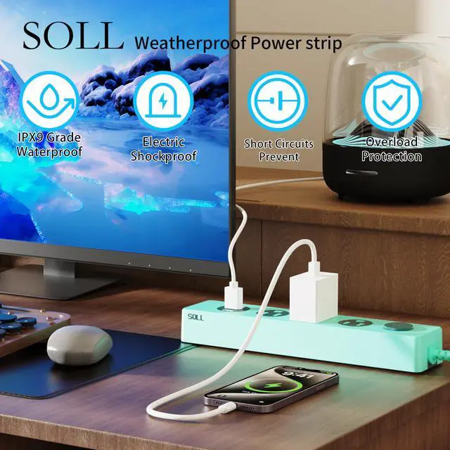 Alt view image 2 of 7 - IPX9 Outdoor Power Strip Weatherproof, Surge Protector Power Strip with 3 Outlet and 3 USB Charging Ports(2 USB C), 5.18FT Extension Cord for Patio, Garden, Bathroom, Kitchen, Garage, Office