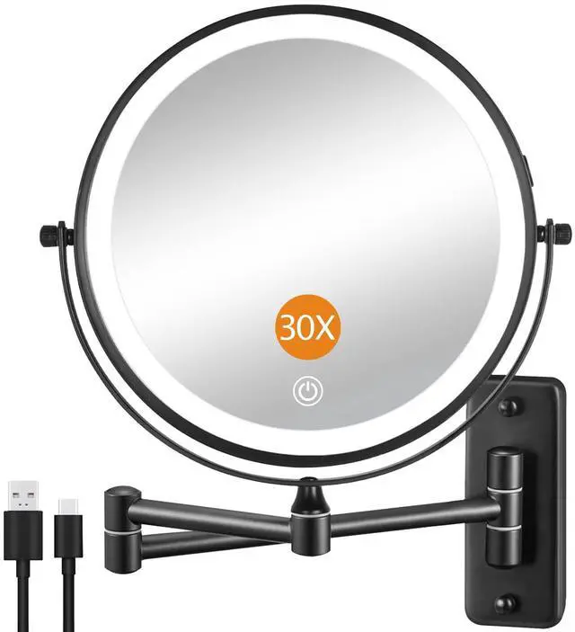 Main image of 1X/30X Wall Mounted Lighted Makeup Mirror, 8" Rechargeable Double Sided Magnifying Mirror with Light, 3 Color Lights Touch Dimmable, Extended Arm 360 Rotation Wall Mounted Makeup Mirror