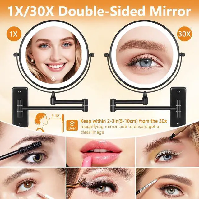 Alt view image 2 of 7 - 1X/30X Wall Mounted Lighted Makeup Mirror, 8" Rechargeable Double Sided Magnifying Mirror with Light, 3 Color Lights Touch Dimmable, Extended Arm 360 Rotation Wall Mounted Makeup Mirror
