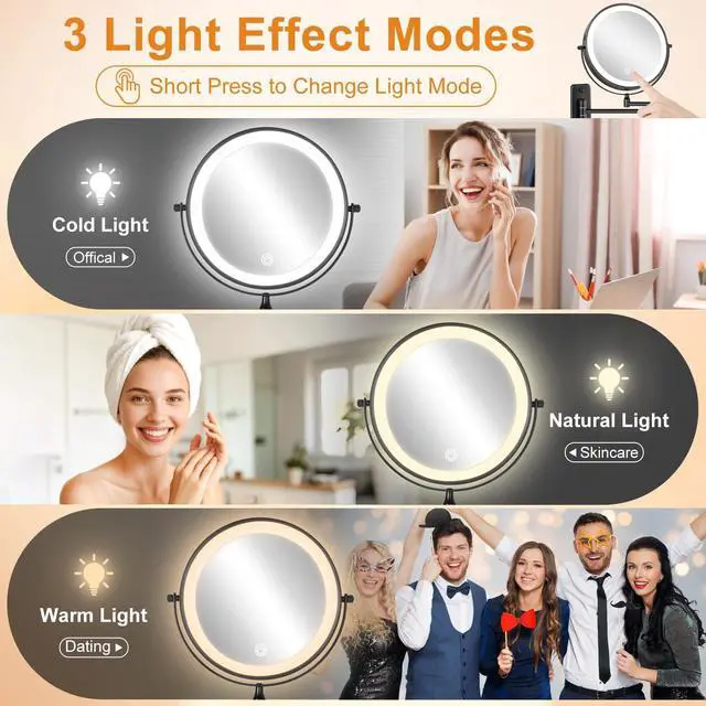 Alt view image 3 of 7 - 1X/30X Wall Mounted Lighted Makeup Mirror, 8" Rechargeable Double Sided Magnifying Mirror with Light, 3 Color Lights Touch Dimmable, Extended Arm 360 Rotation Wall Mounted Makeup Mirror