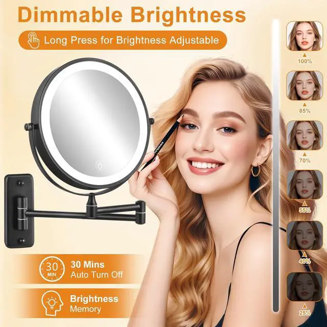Alt view image 4 of 7 - 1X/30X Wall Mounted Lighted Makeup Mirror, 8" Rechargeable Double Sided Magnifying Mirror with Light, 3 Color Lights Touch Dimmable, Extended Arm 360 Rotation Wall Mounted Makeup Mirror