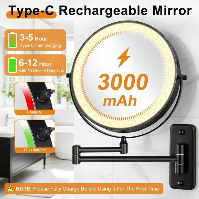 Alt view image 5 of 7 - 1X/30X Wall Mounted Lighted Makeup Mirror, 8" Rechargeable Double Sided Magnifying Mirror with Light, 3 Color Lights Touch Dimmable, Extended Arm 360 Rotation Wall Mounted Makeup Mirror