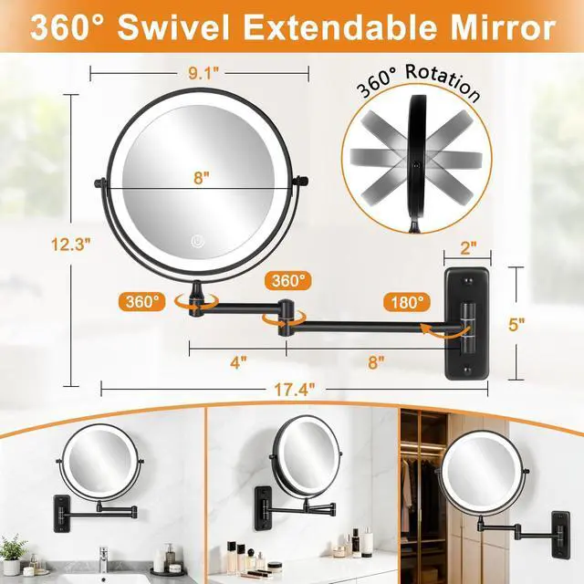 Alt view image 6 of 7 - 1X/30X Wall Mounted Lighted Makeup Mirror, 8" Rechargeable Double Sided Magnifying Mirror with Light, 3 Color Lights Touch Dimmable, Extended Arm 360 Rotation Wall Mounted Makeup Mirror